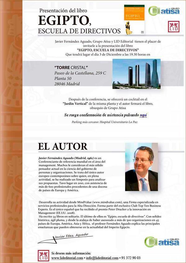 Invitación a la presentación del libro "Egipto, escuela de directivos"